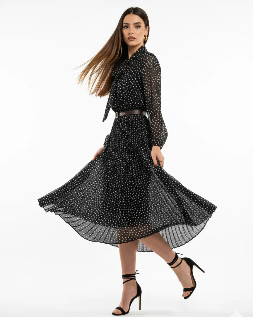 Abito midi con gonna plissé con fiocco e micro-cuori IRONICA