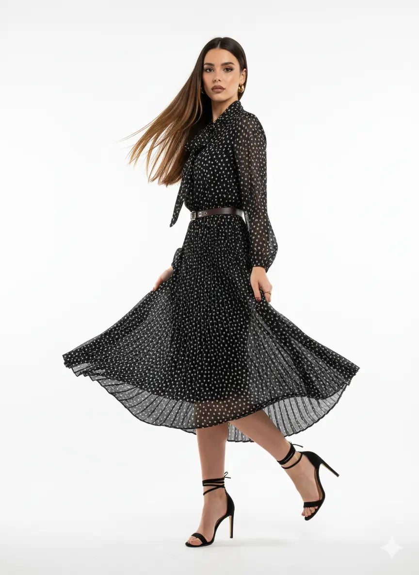 Abito midi con gonna plissé con fiocco e micro-cuori IRONICA