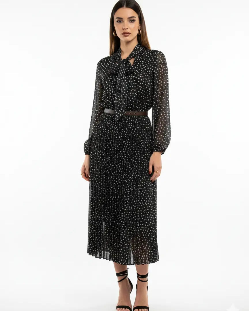 Abito midi con gonna plissé con fiocco e micro-cuori IRONICA