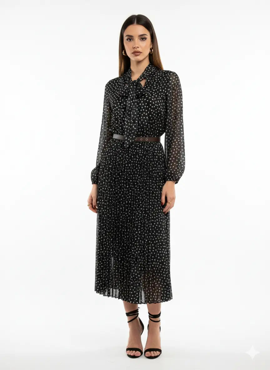 Abito midi con gonna plissé con fiocco e micro-cuori IRONICA