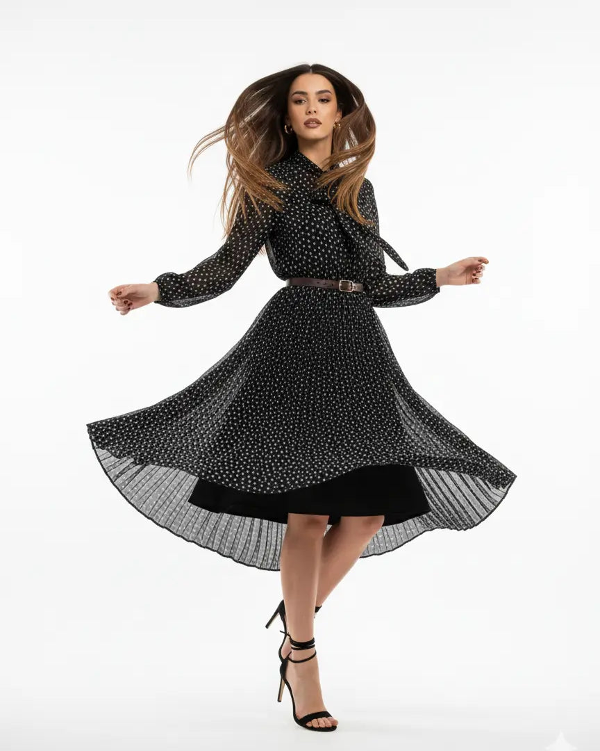 Abito midi con gonna plissé con fiocco e micro-cuori IRONICA