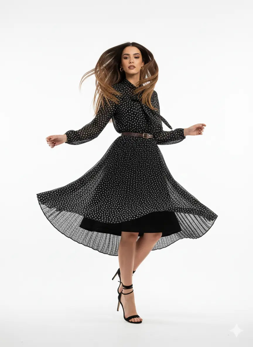 Abito midi con gonna plissé con fiocco e micro-cuori IRONICA