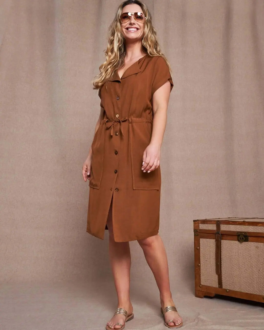 Abito midi in twill di misto viscosa con coulisse in vita MORO DORABELLA