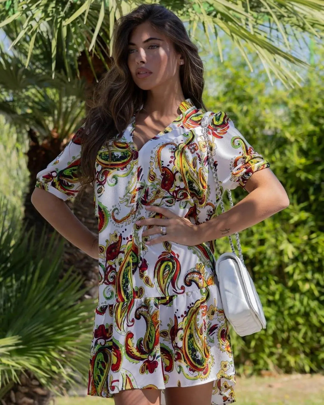 Abito mini a maniche corte in crêpe con fantasia cashmere e balza sul fondo. ROSSO DORABELLA XL