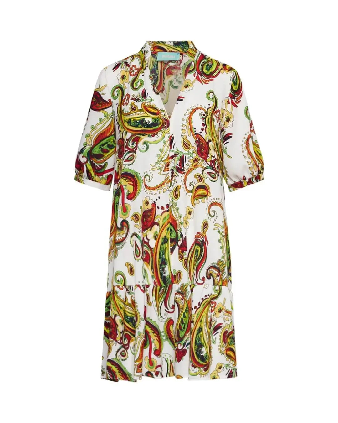 Abito mini a maniche corte in crêpe con fantasia cashmere e balza sul fondo. ROSSO DORABELLA