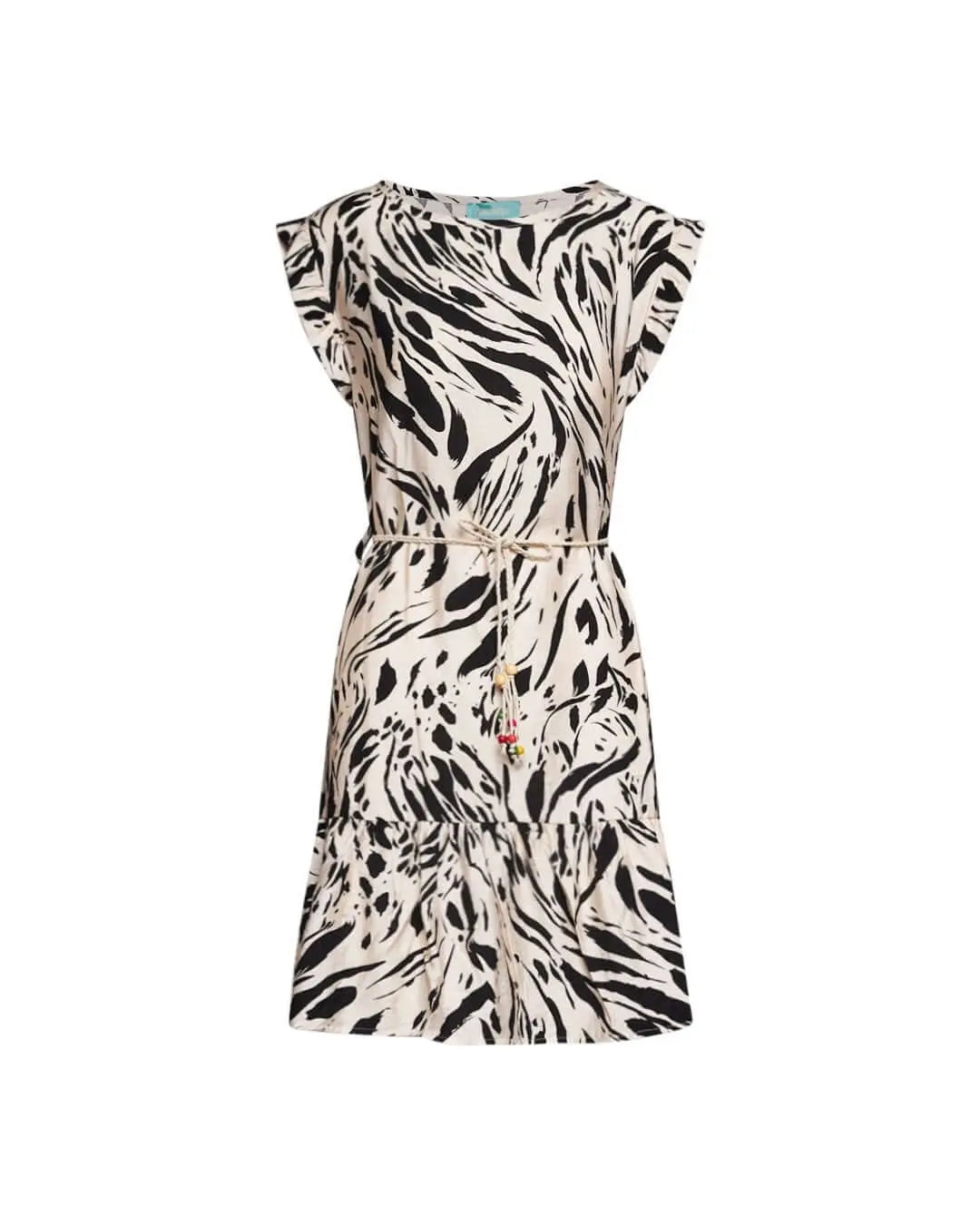 Abito mini in misto viscosa bi-colore con fantasia astratta con cintura in vita. NERO DORABELLA