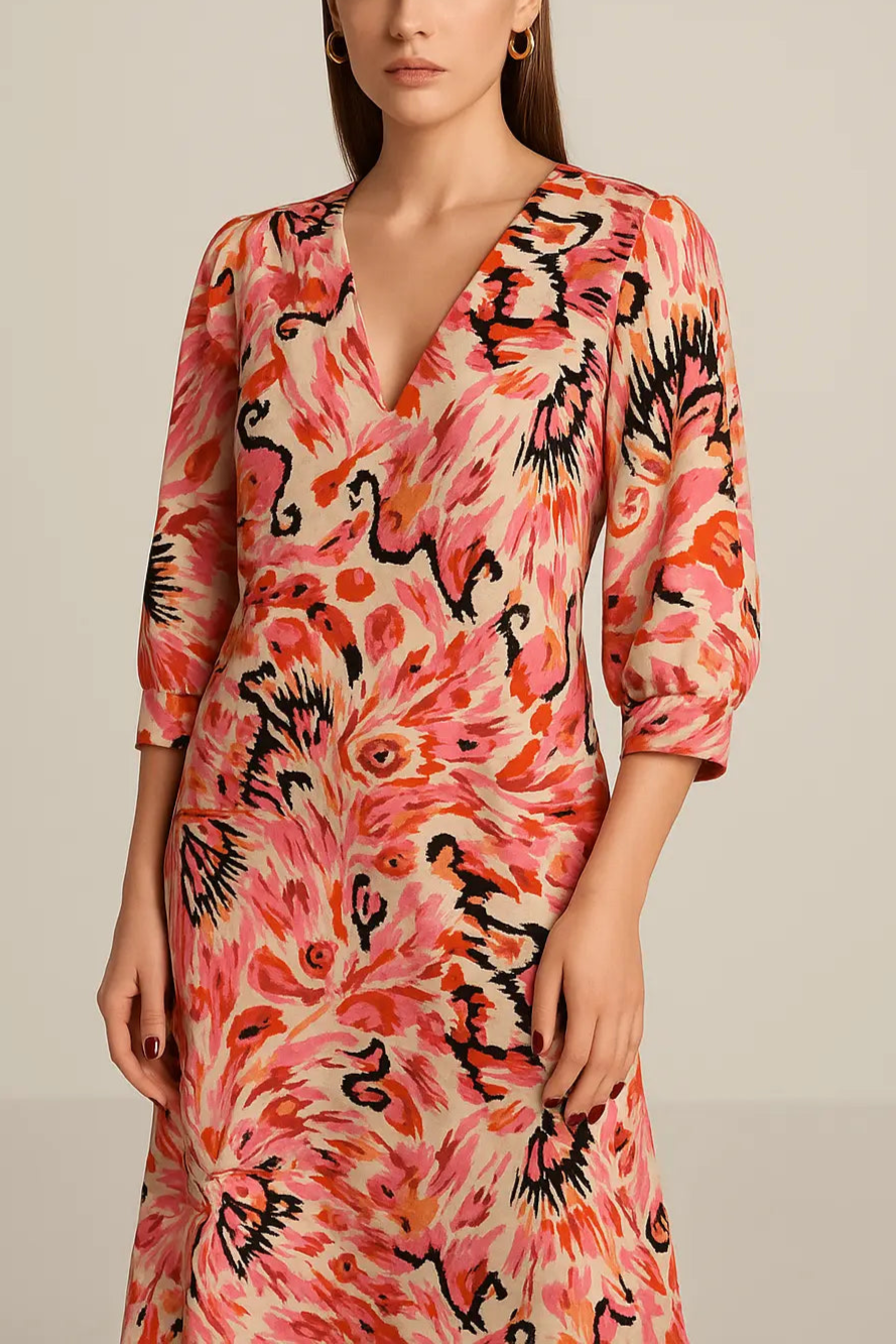 Abito stampato con scollo a V e maniche a tre quarti DORABELLA