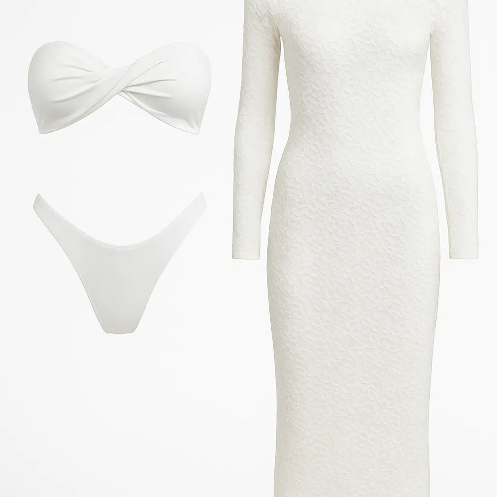 Bikini due pezzi con abito copricostume in pizzo Unica by Dorabella Bianco / Taglia unica (44/46 o M/L)