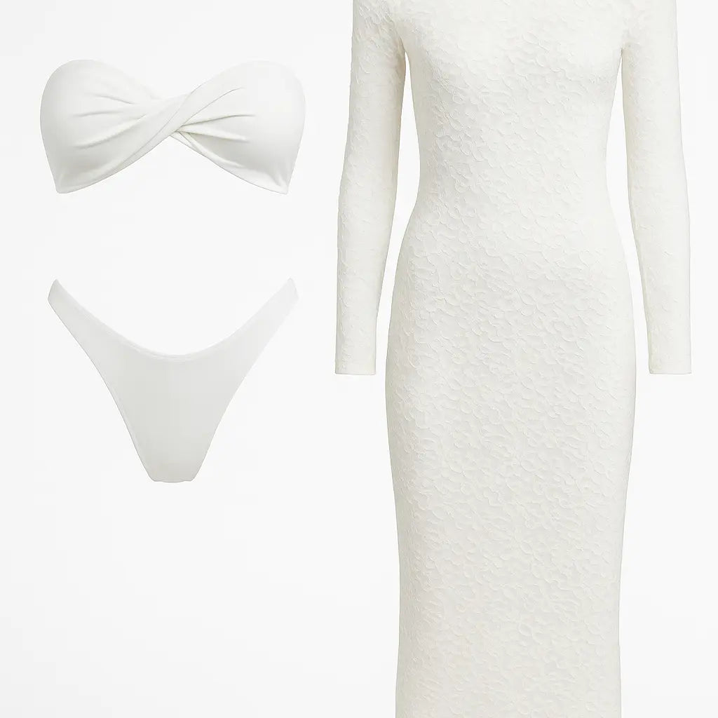 Bikini due pezzi con abito copricostume in pizzo Unica by Dorabella Bianco / Taglia unica (44/46 o M/L)