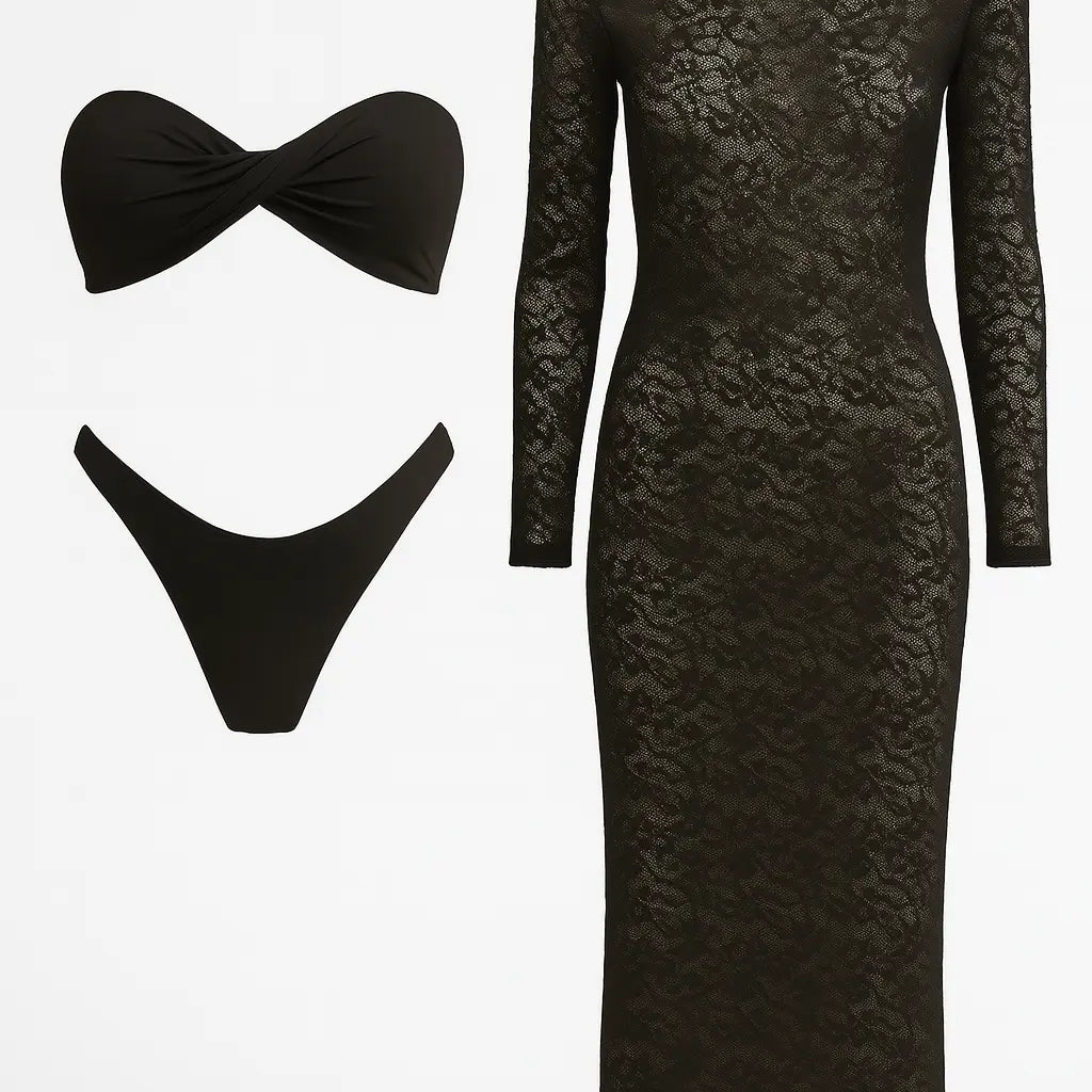 Bikini due pezzi con abito copricostume in pizzo Unica by Dorabella Nero / Taglia unica (44/46 o M/L)