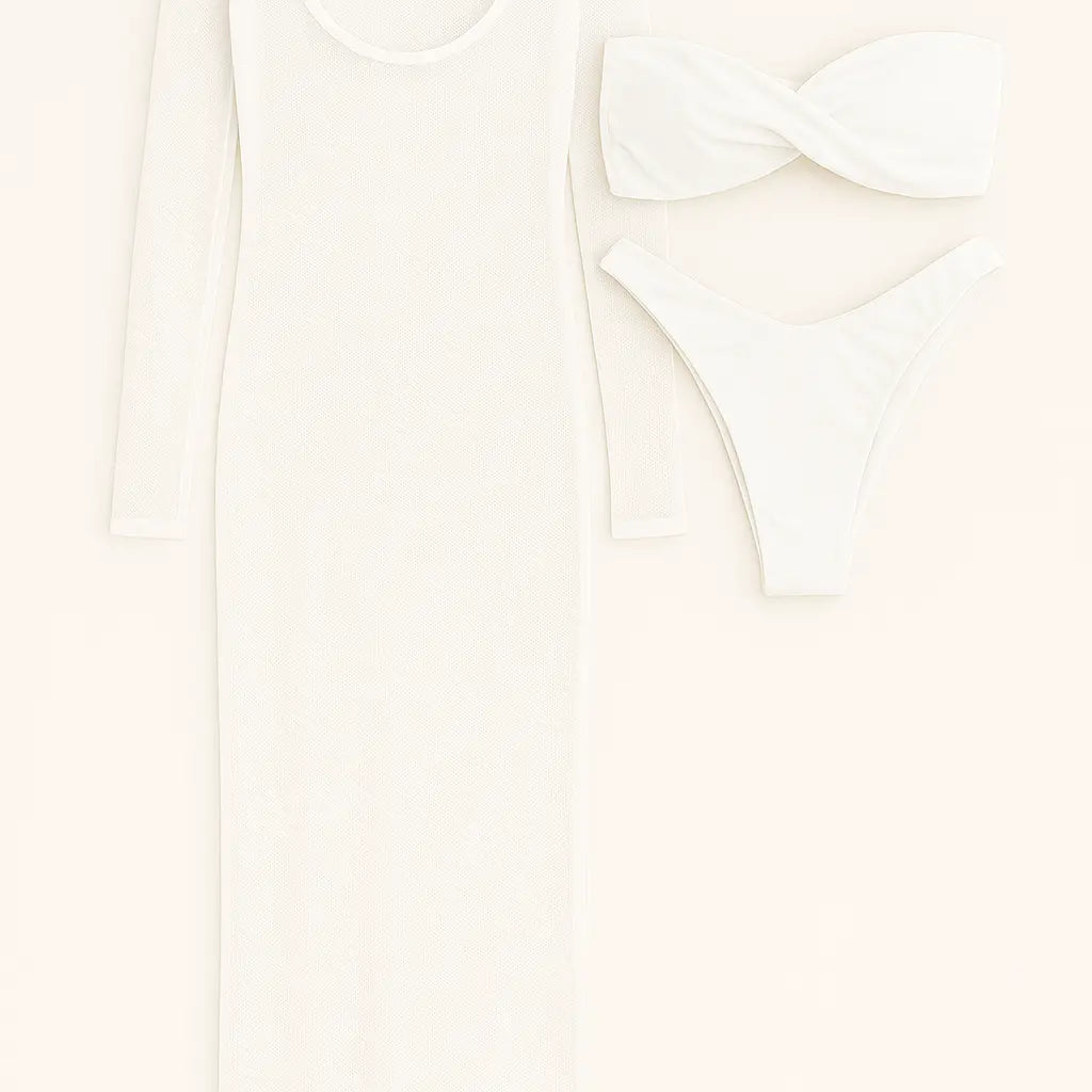 Bikini due pezzi con abito copricostume in rete Unica by Dorabella Bianco-Taglia-Unica-Fino-alla-46