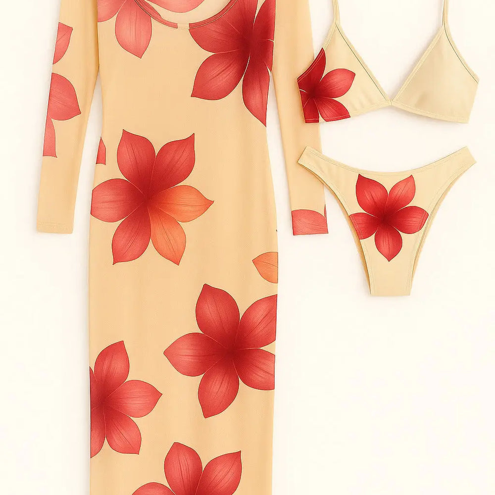 Bikini due pezzi stampato con abito copricostume in rete stampata Unica by Dorabella Rosso-Taglia-Unica-Curvy-fino-alla-54