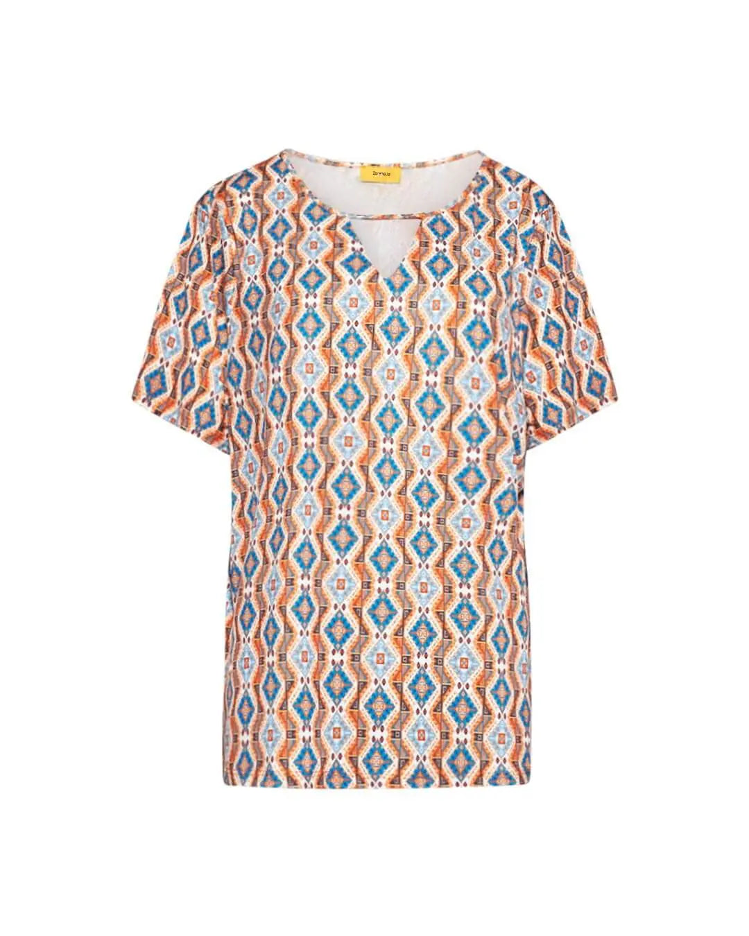 Blusa a maniche corte in jersey elasticizzato fantasia maiolica con apertura a V sul davanti e spacc TEGOLA DORABELLA 49