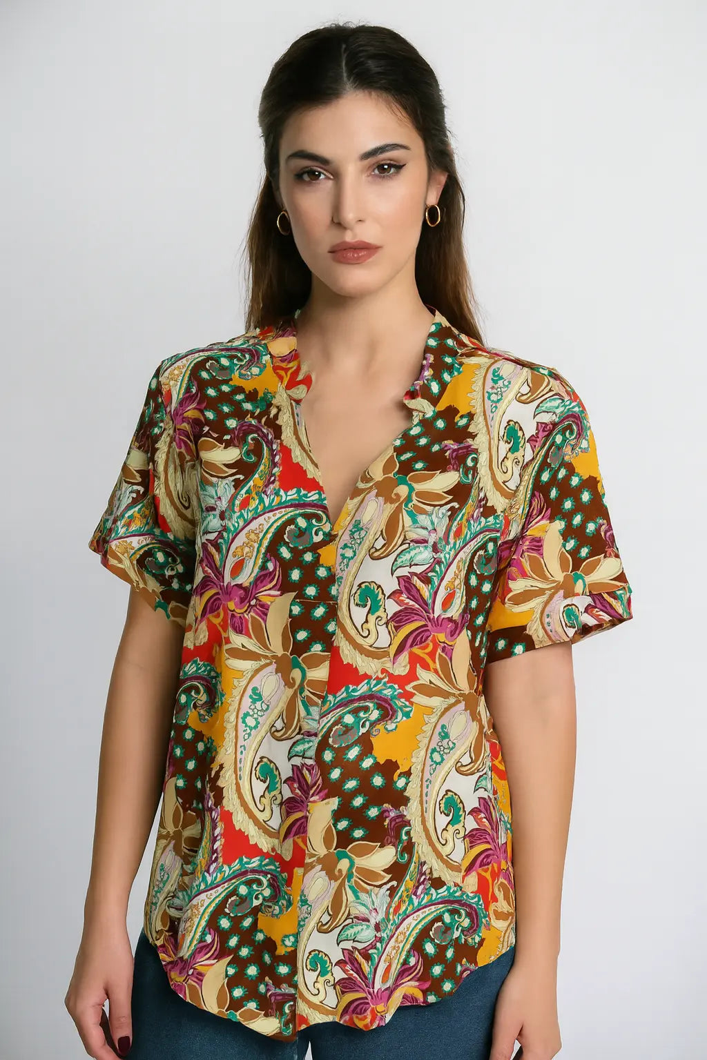 Blusa a mezza manica con colletto coreana in viscosa stampata DORABELLA PIU'