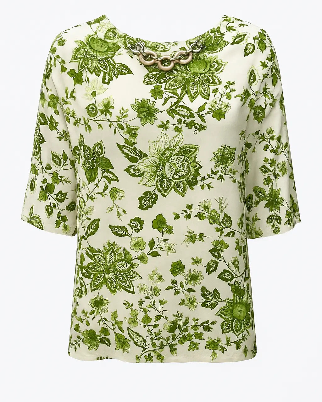 Blusa ampia e lunga in raso stampato a fantasia con accessorio scollo DORABELLA