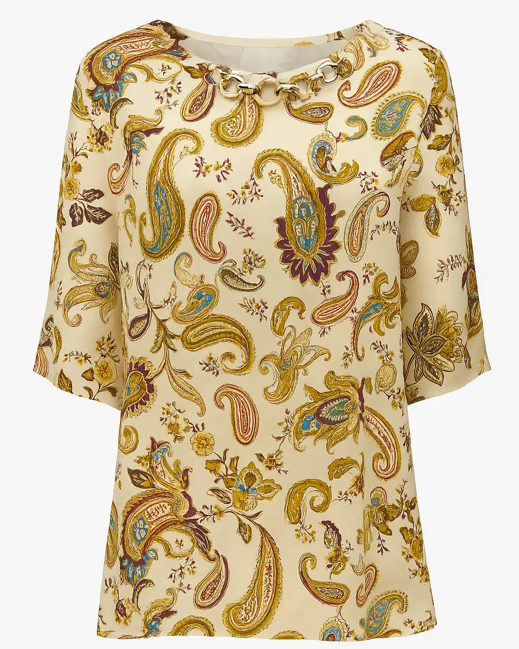 Blusa ampia e lunga in raso stampato a fantasia con accessorio scollo DORABELLA