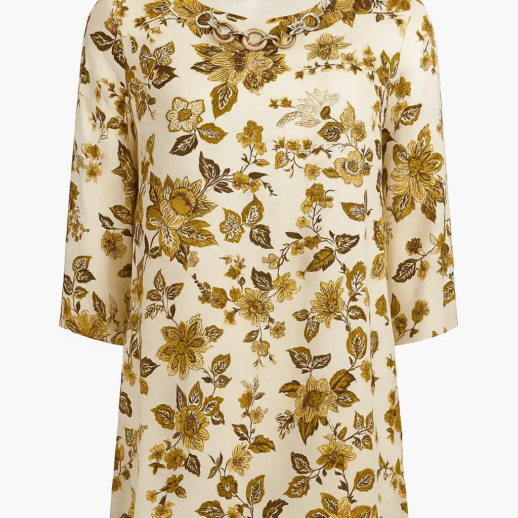 Blusa ampia e lunga in raso stampato a fantasia con accessorio scollo DORABELLA