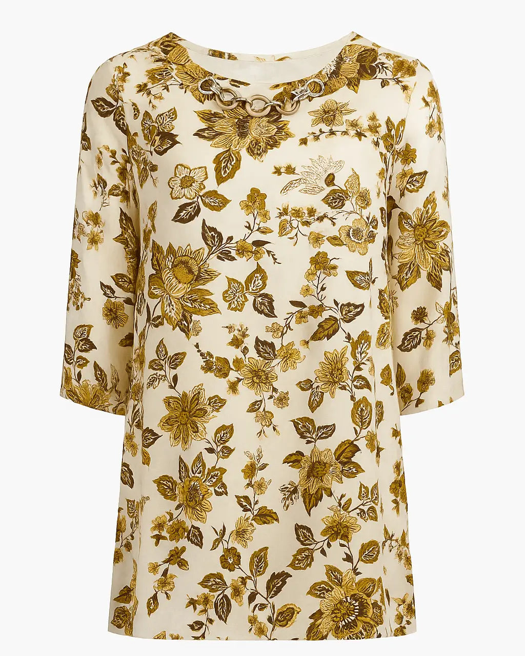 Blusa ampia e lunga in raso stampato a fantasia con accessorio scollo DORABELLA