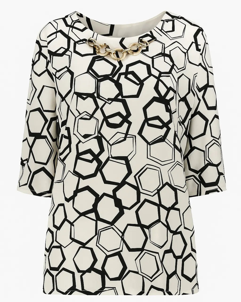 Blusa ampia e lunga in raso stampato a fantasia con accessorio scollo DORABELLA