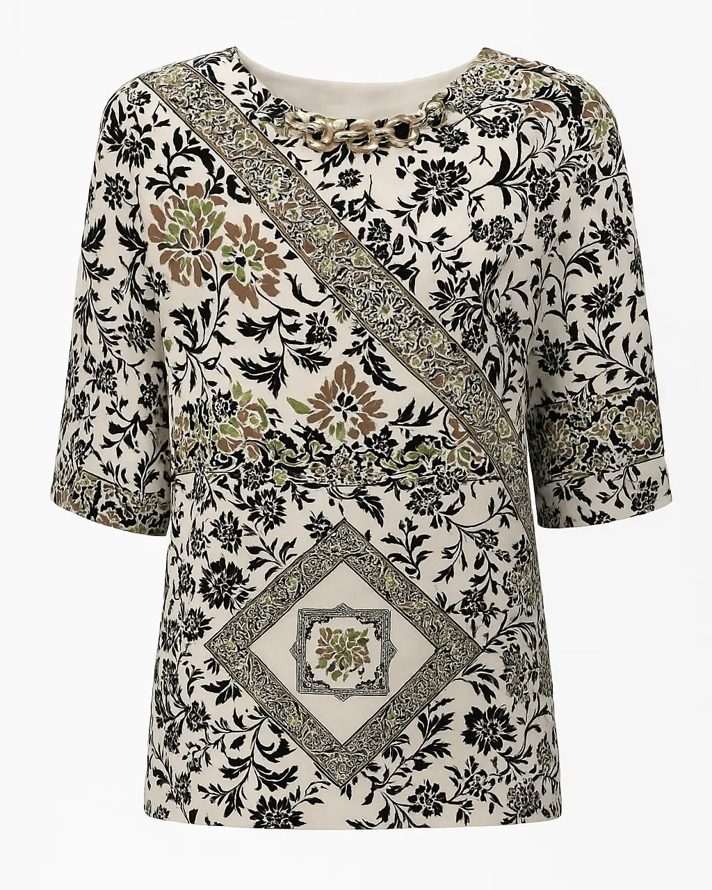 Blusa ampia e lunga in raso stampato a fantasia con accessorio scollo DORABELLA