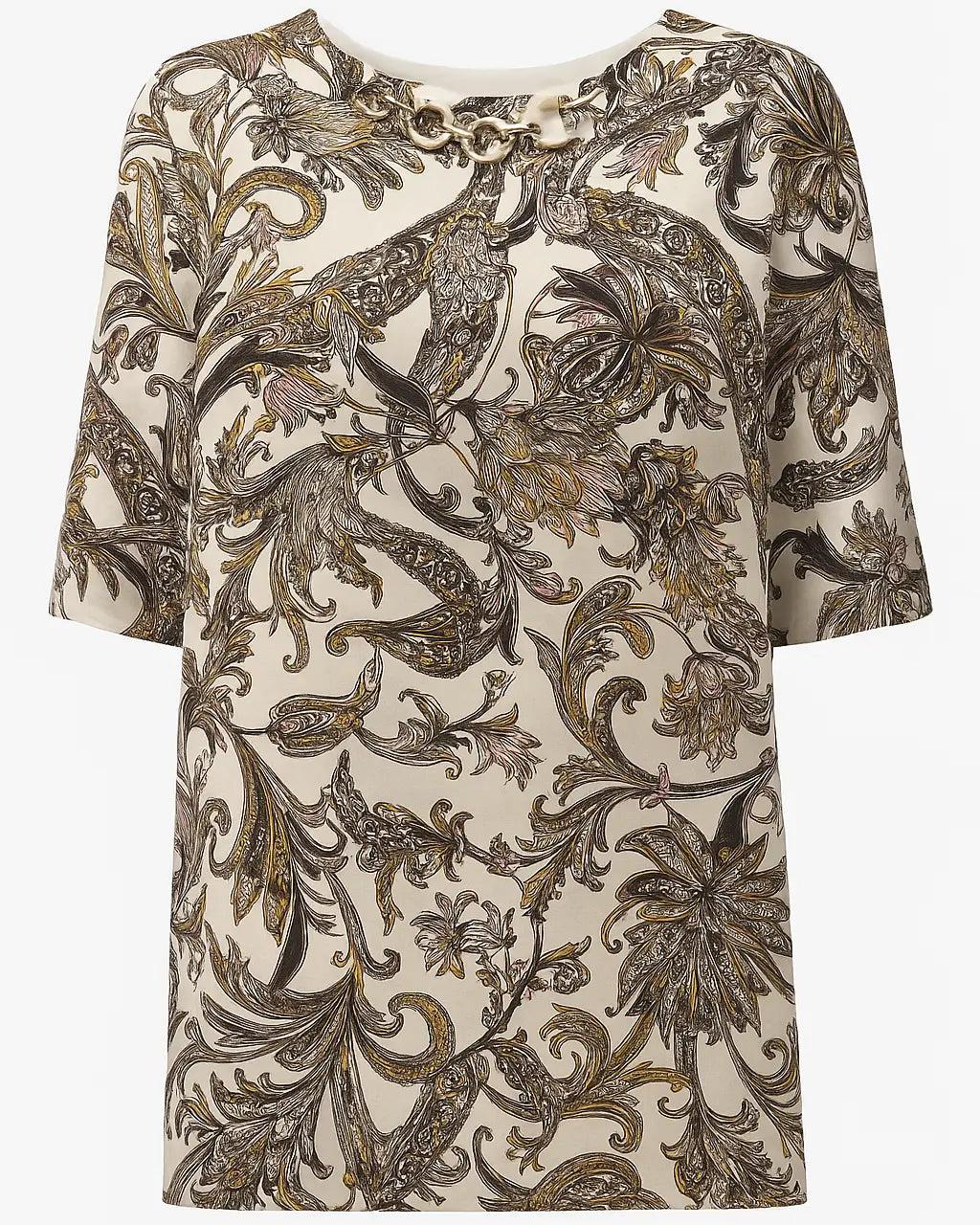 Blusa ampia e lunga in raso stampato a fantasia con accessorio scollo DORABELLA