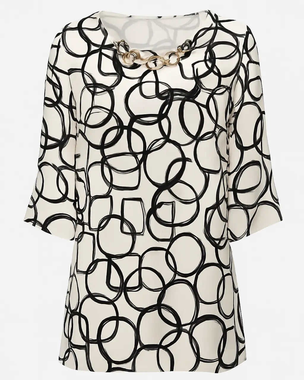 Blusa ampia e lunga in raso stampato a fantasia con accessorio scollo DORABELLA Nero-49