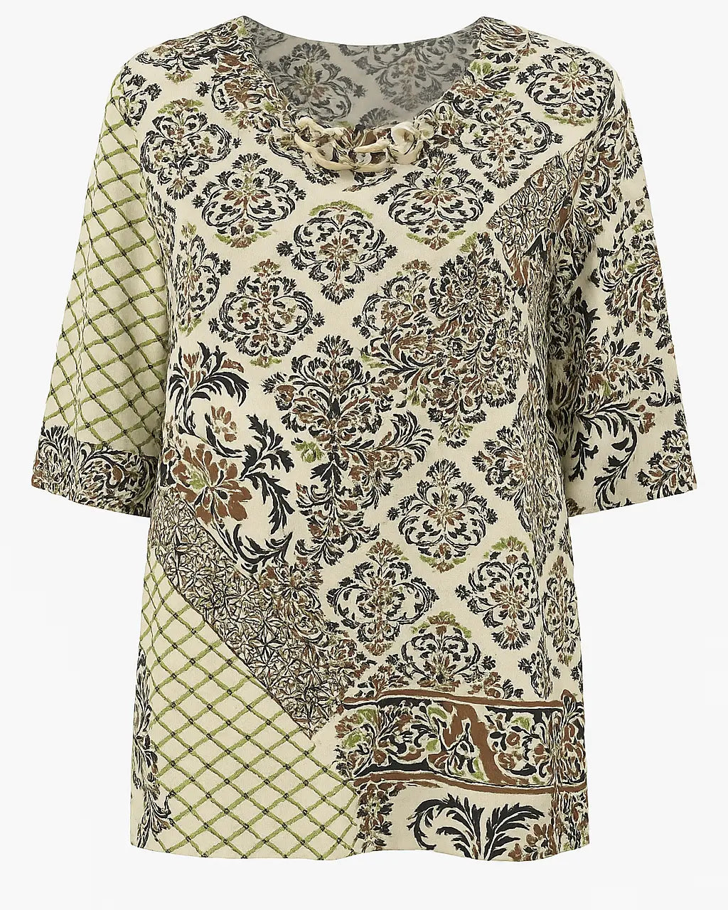 Blusa ampia e lunga in raso stampato a fantasia con accessorio scollo DORABELLA Verde-49