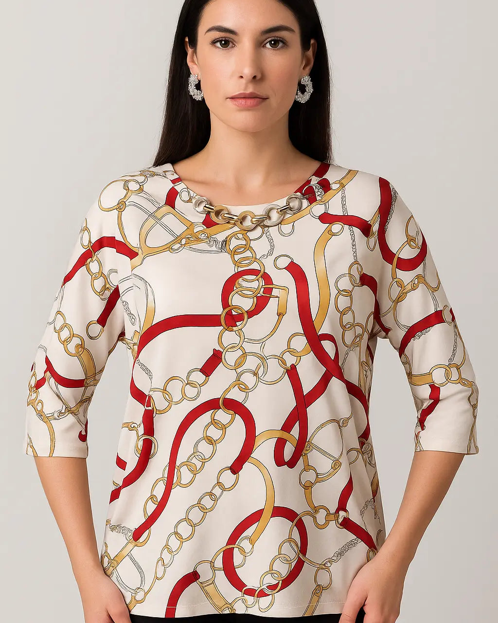 Blusa ampia e lunga in raso stampato a fantasia con accessorio scollo DORABELLA PIU'