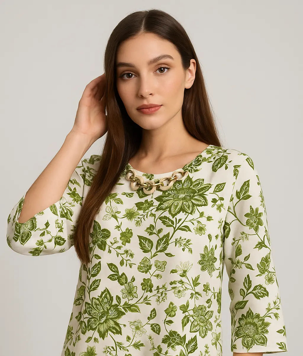 Blusa ampia e lunga in raso stampato a fantasia con accessorio scollo DORABELLA PIU'