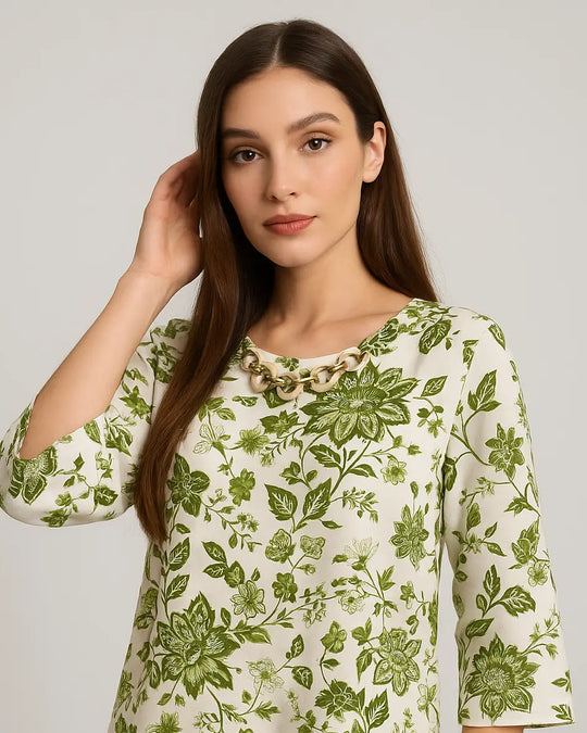 Blusa ampia e lunga in raso stampato a fantasia con accessorio scollo DORABELLA PIU'