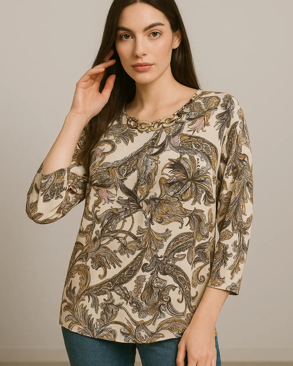 Blusa ampia e lunga in raso stampato a fantasia con accessorio scollo DORABELLA PIU'