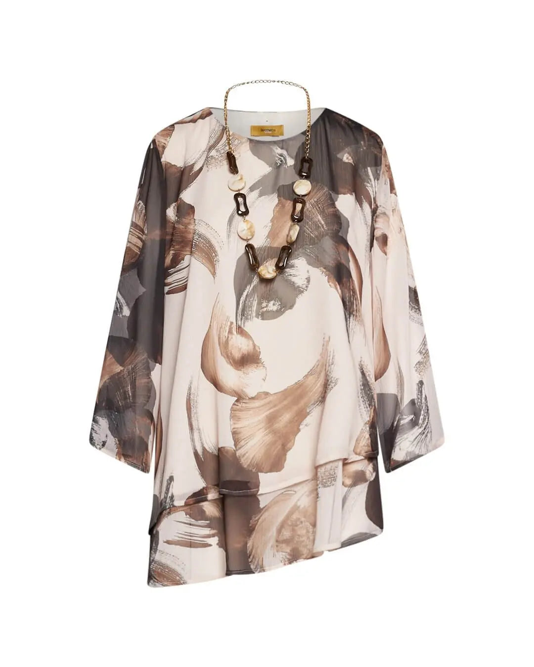 Blusa asimmetrica in georgette con fantasia floreale astratta con collana gioiello. NOCE DORABELLA PIU'