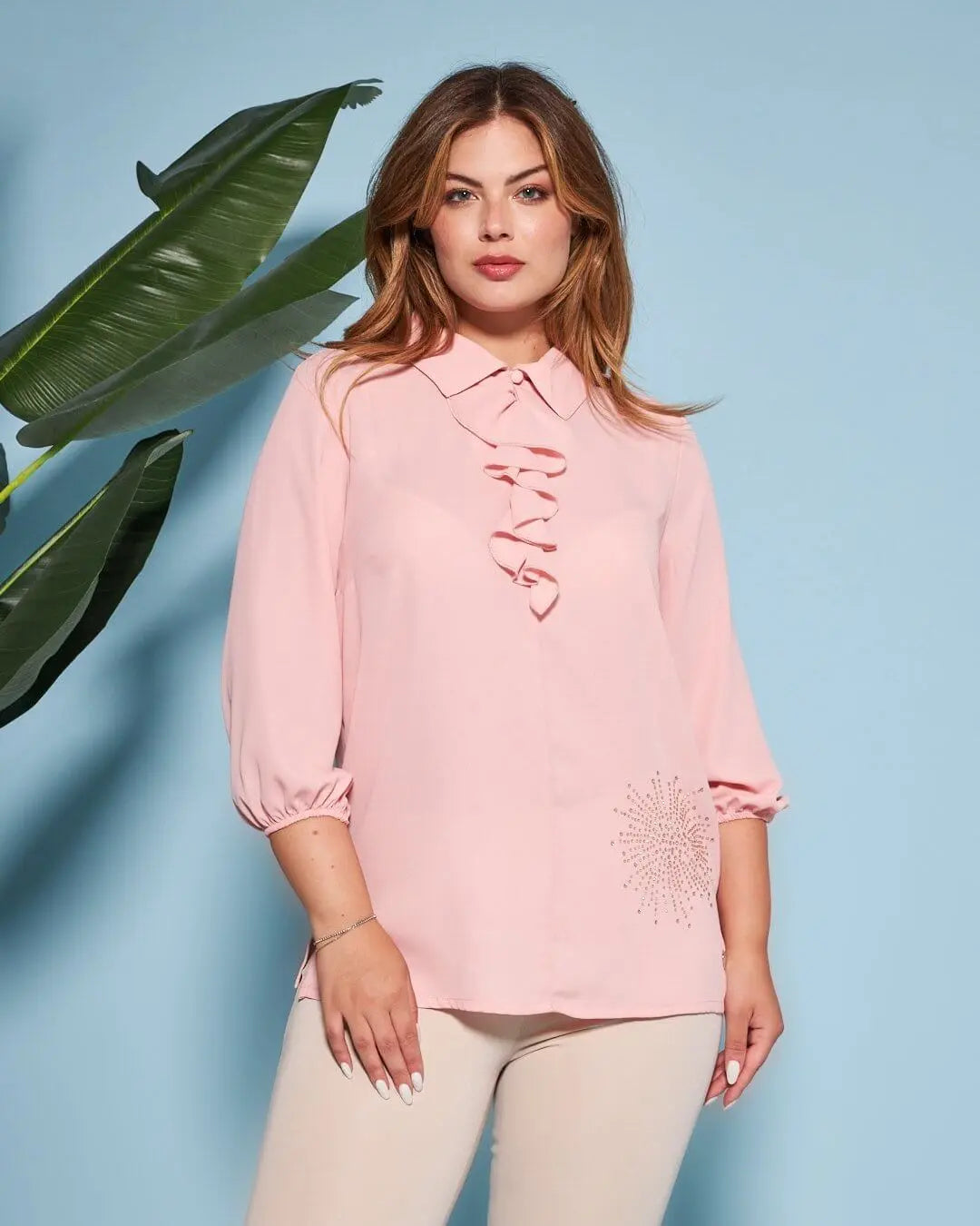 Blusa combinata in georgette e jersey elasticizzato con dettaglio rouche e strass CIPRIA DORABELLA