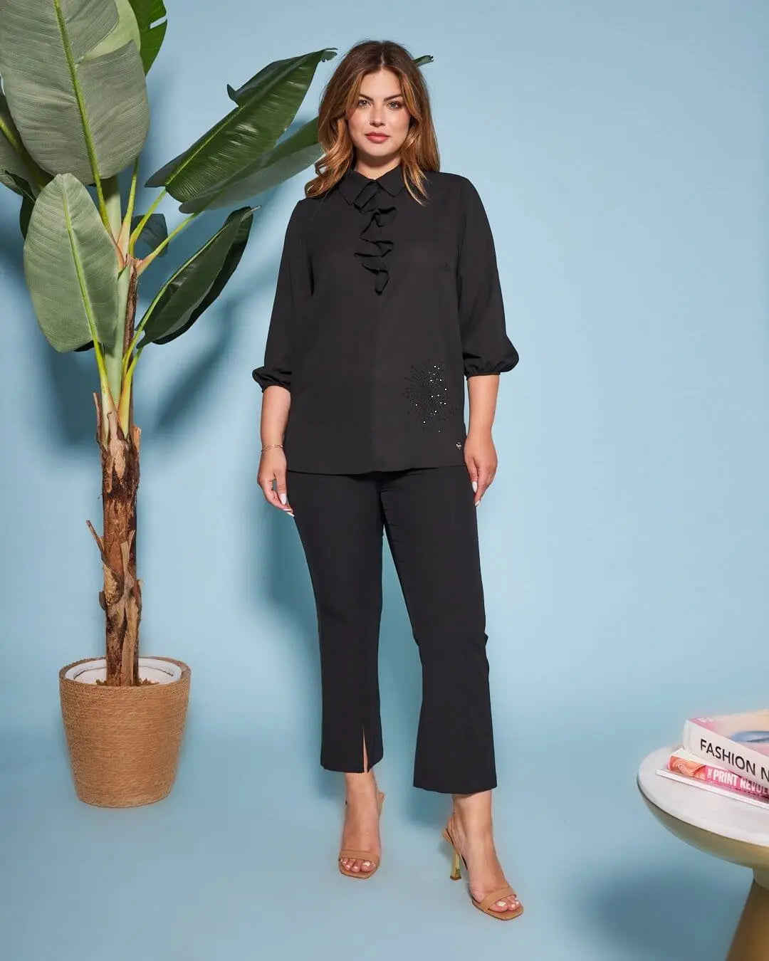 Blusa combinata in georgette e jersey elasticizzato con dettaglio rouche e strass NERO DORABELLA