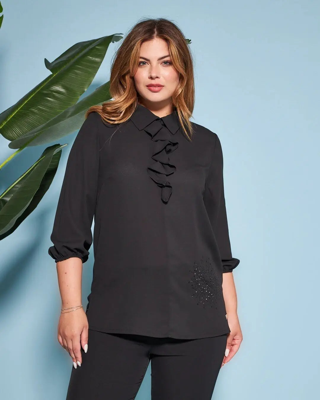 Blusa combinata in georgette e jersey elasticizzato con dettaglio rouche e strass NERO DORABELLA