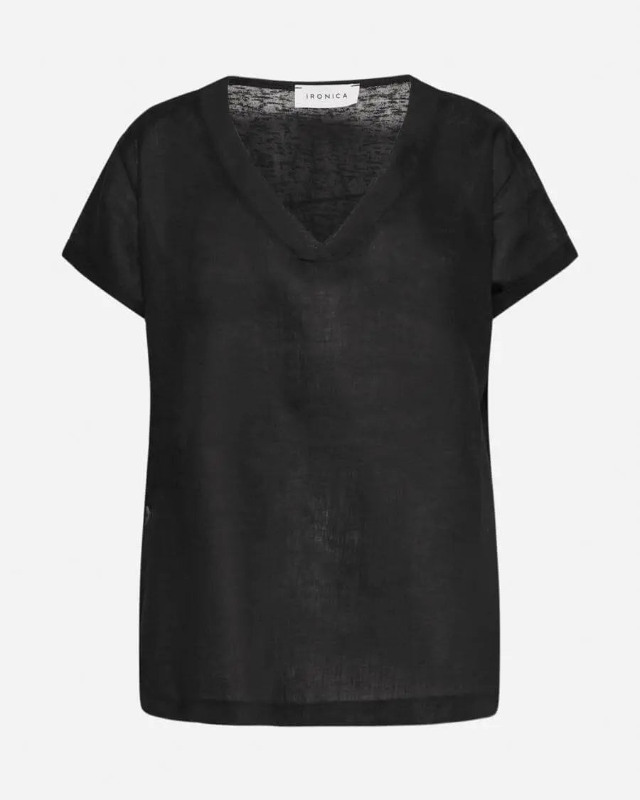 Blusa combinata in lino e jersey di misto viscosa tinta unita con scollo a V e dettaglio bottoni. NERO IRONICA
