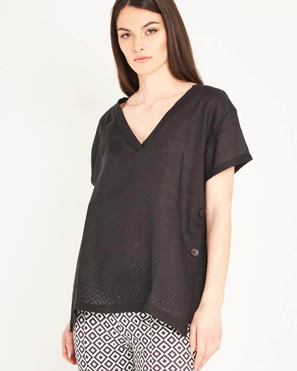 Blusa combinata in lino e jersey di misto viscosa tinta unita con scollo a V e dettaglio bottoni. NERO IRONICA