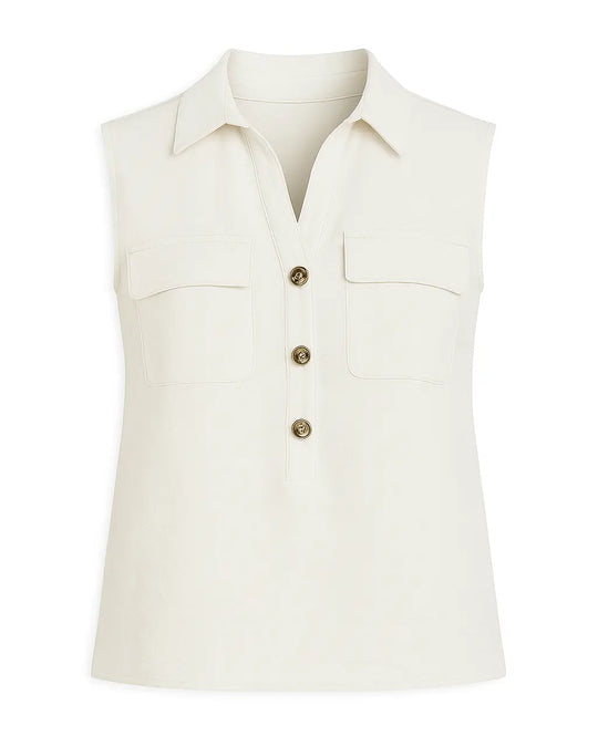 Blusa con abbottonatura polo e colletto in fluido bollito Unica by Dorabella Panna-Taglia-Unica-Curvy-fino-alla-54