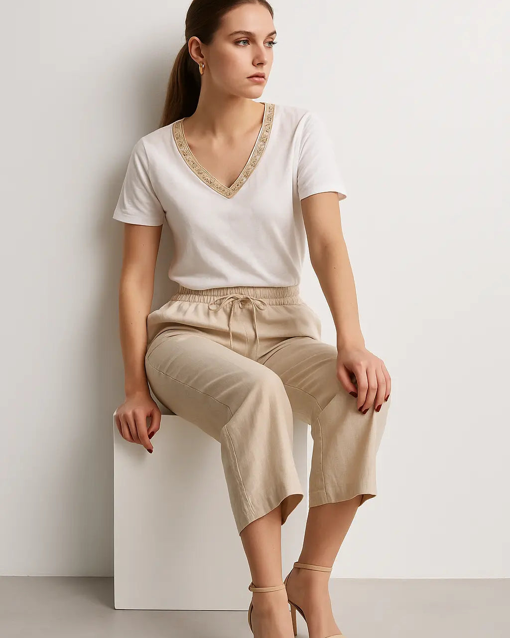 Blusa con con passamaneria e scollo a V a mezze maniche DORABELLA