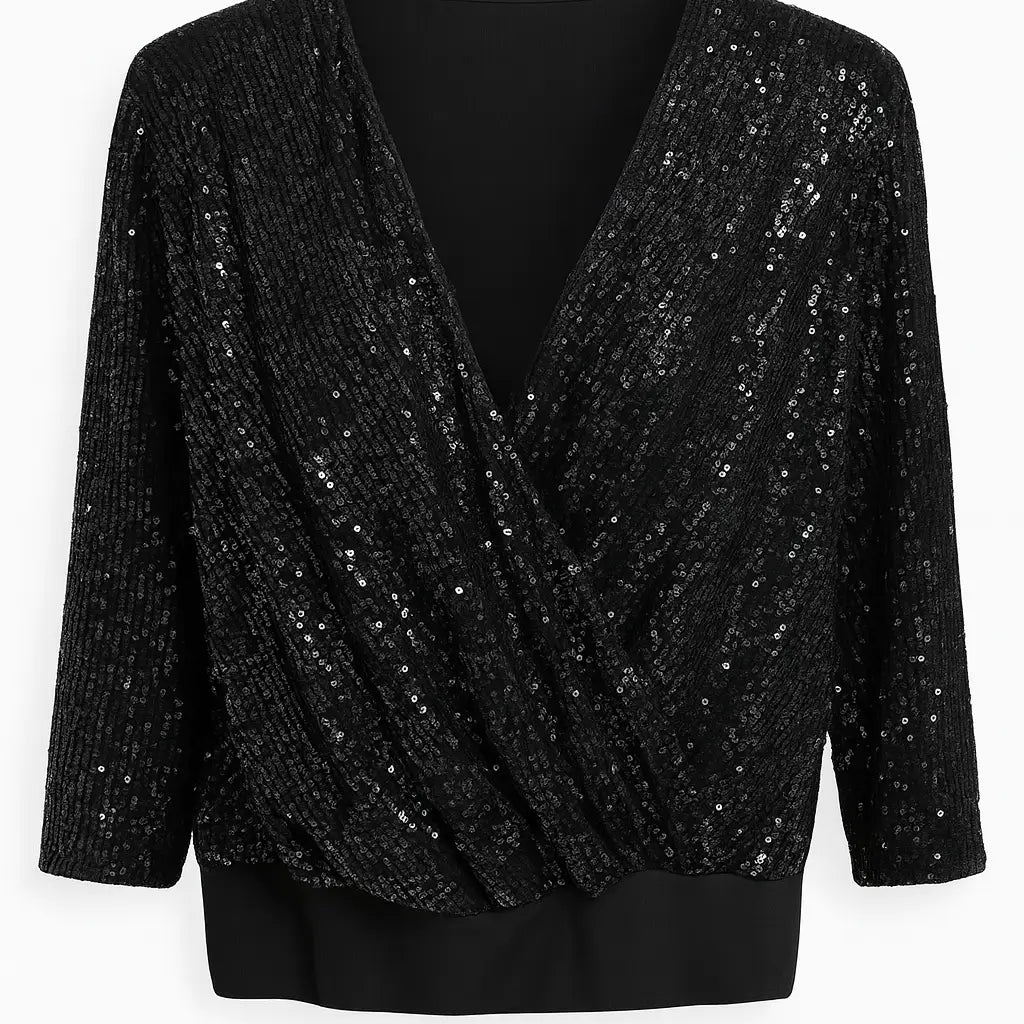 Blusa con incrocio in paillettes DORABELLA XXL / Nero