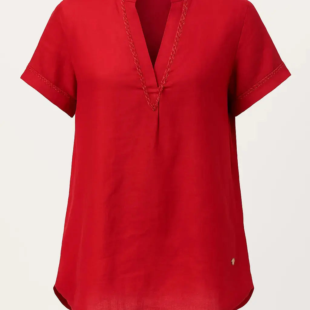 Blusa con scollo a V, passamaneria frontale e collo coreana in misto lino DORABELLA PIU'