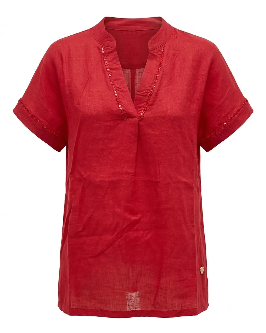 Blusa con scollo a V, passamaneria frontale e collo coreana in misto lino DORABELLA PIU'