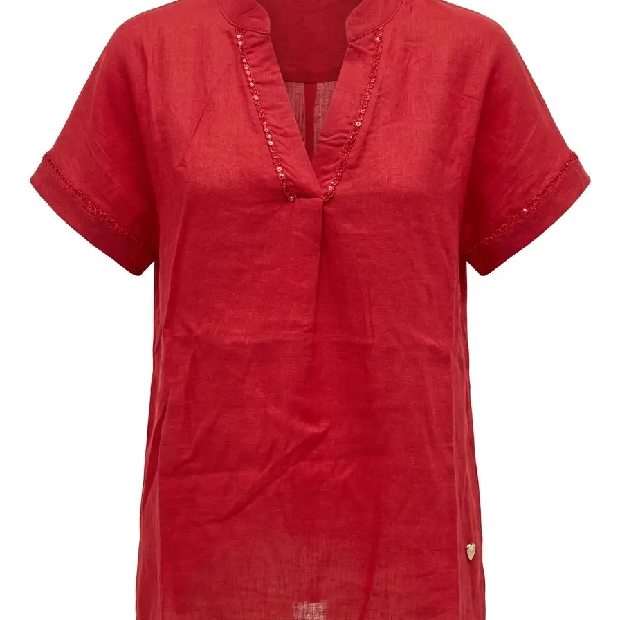 Blusa con scollo a V, passamaneria frontale e collo coreana in misto lino DORABELLA PIU'