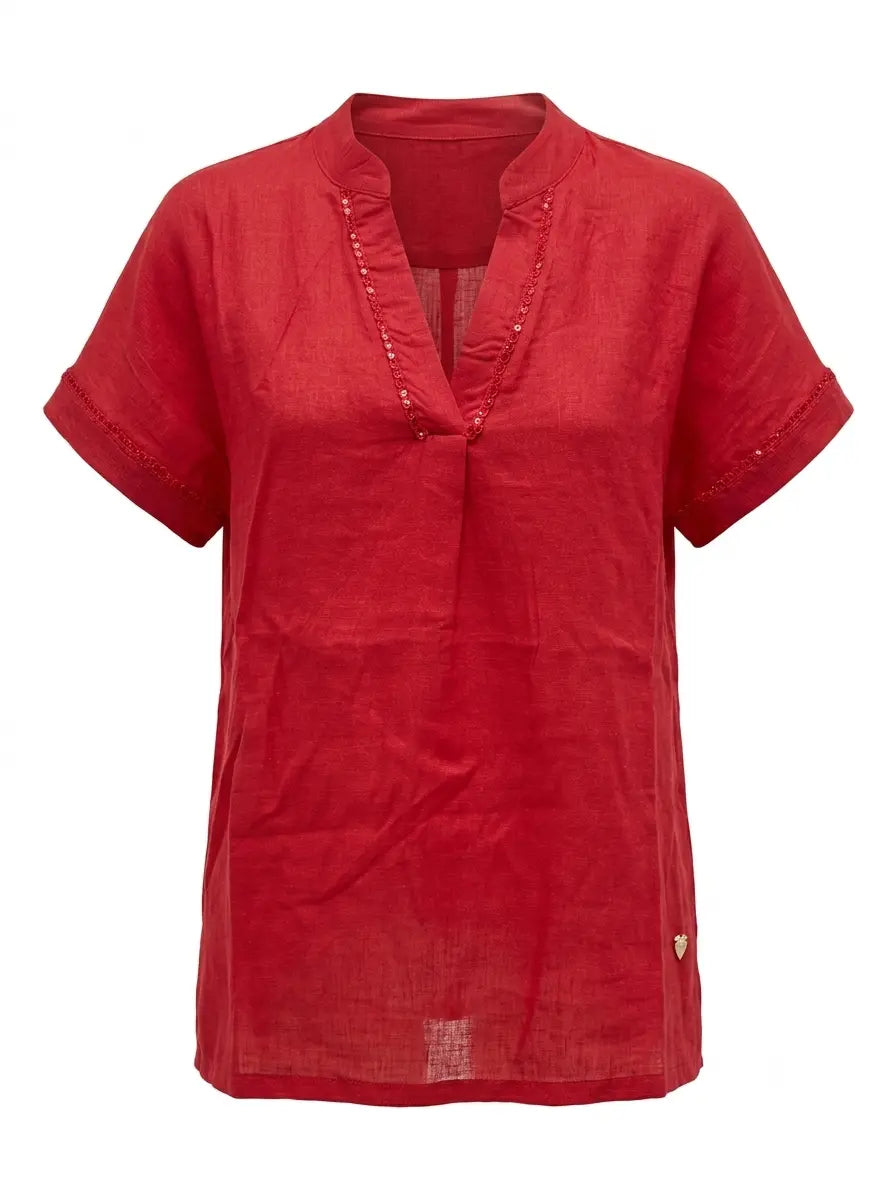 Blusa con scollo a V, passamaneria frontale e collo coreana in misto lino DORABELLA PIU'