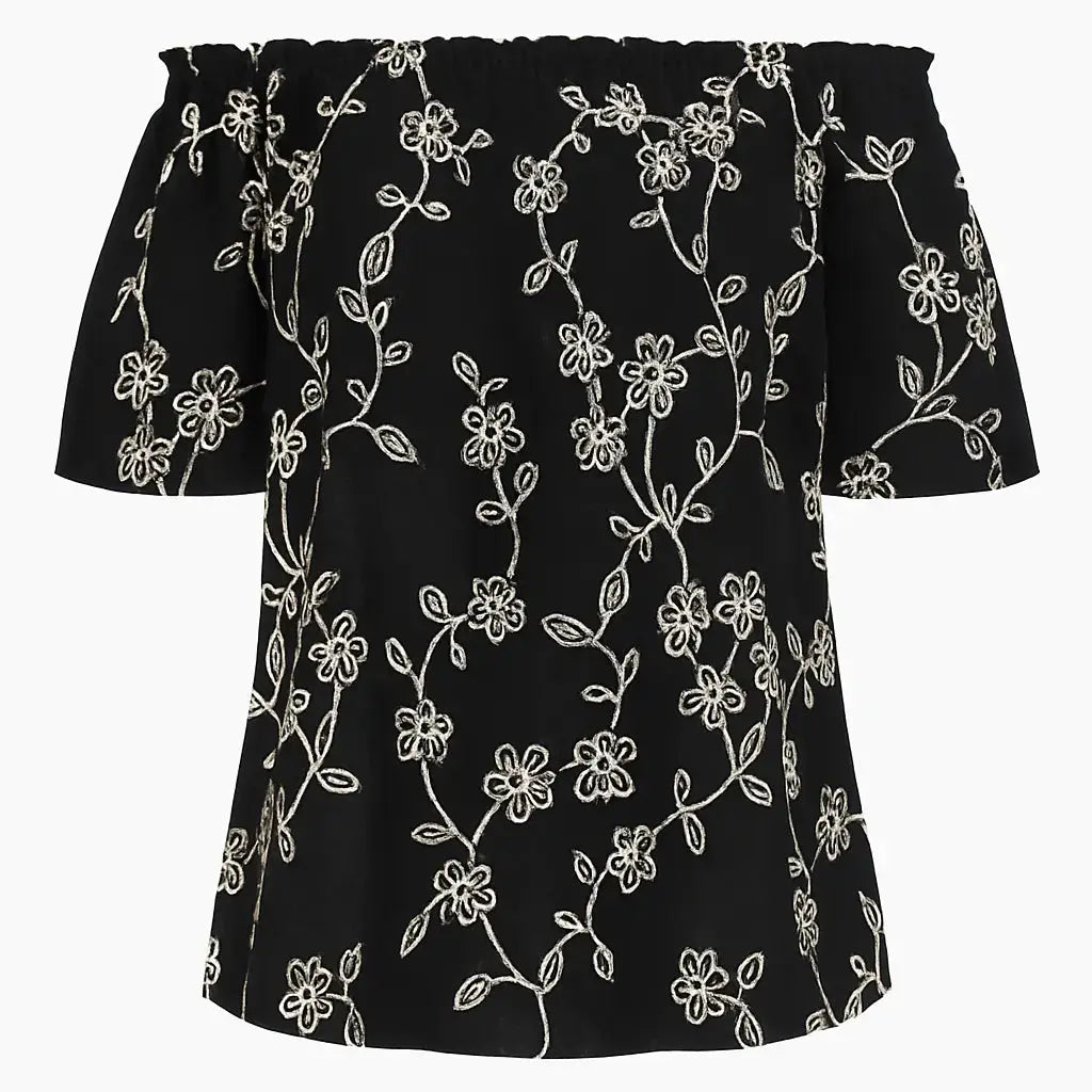 Blusa con scollo omerale elasticizzato in cotone ricamato DORABELLA Nero-XXL