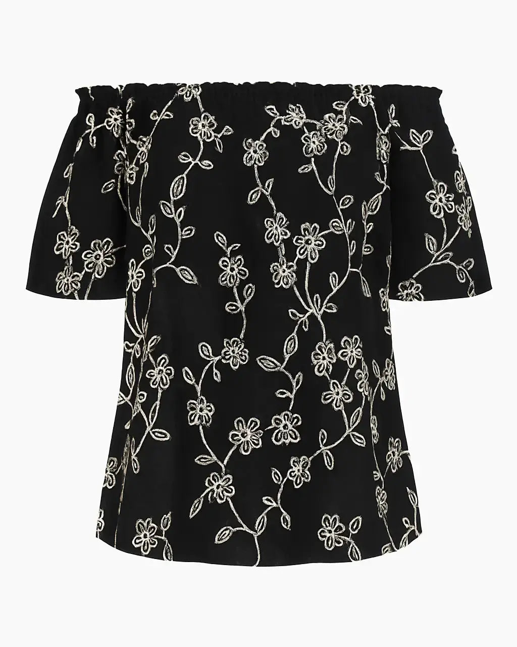 Blusa con scollo omerale elasticizzato in cotone ricamato DORABELLA Nero-XXL