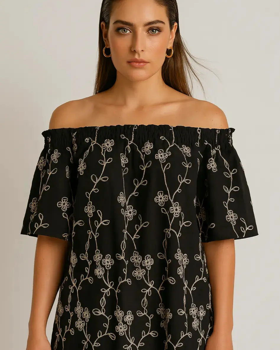 Blusa con scollo omerale elasticizzato in cotone ricamato DORABELLA