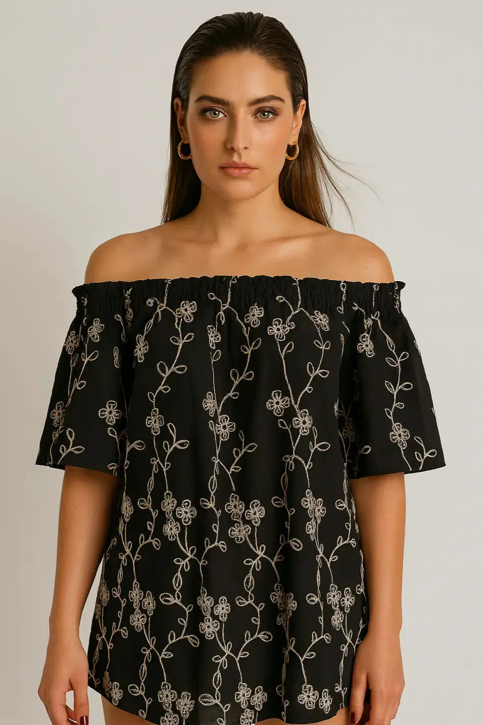 Blusa con scollo omerale elasticizzato in cotone ricamato DORABELLA