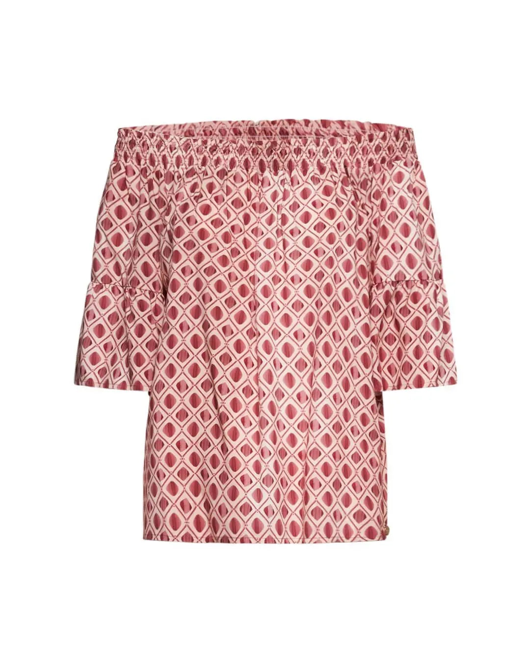 Blusa con spalle scoperte in viscosa con fantasia geometrica con balze sul fondo manica. VINO DORABELLA