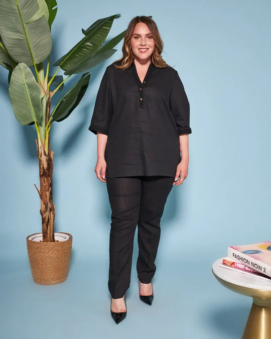 Blusa coreana in misto lino/viscosa con passamaneria NERO DORABELLA PIU'